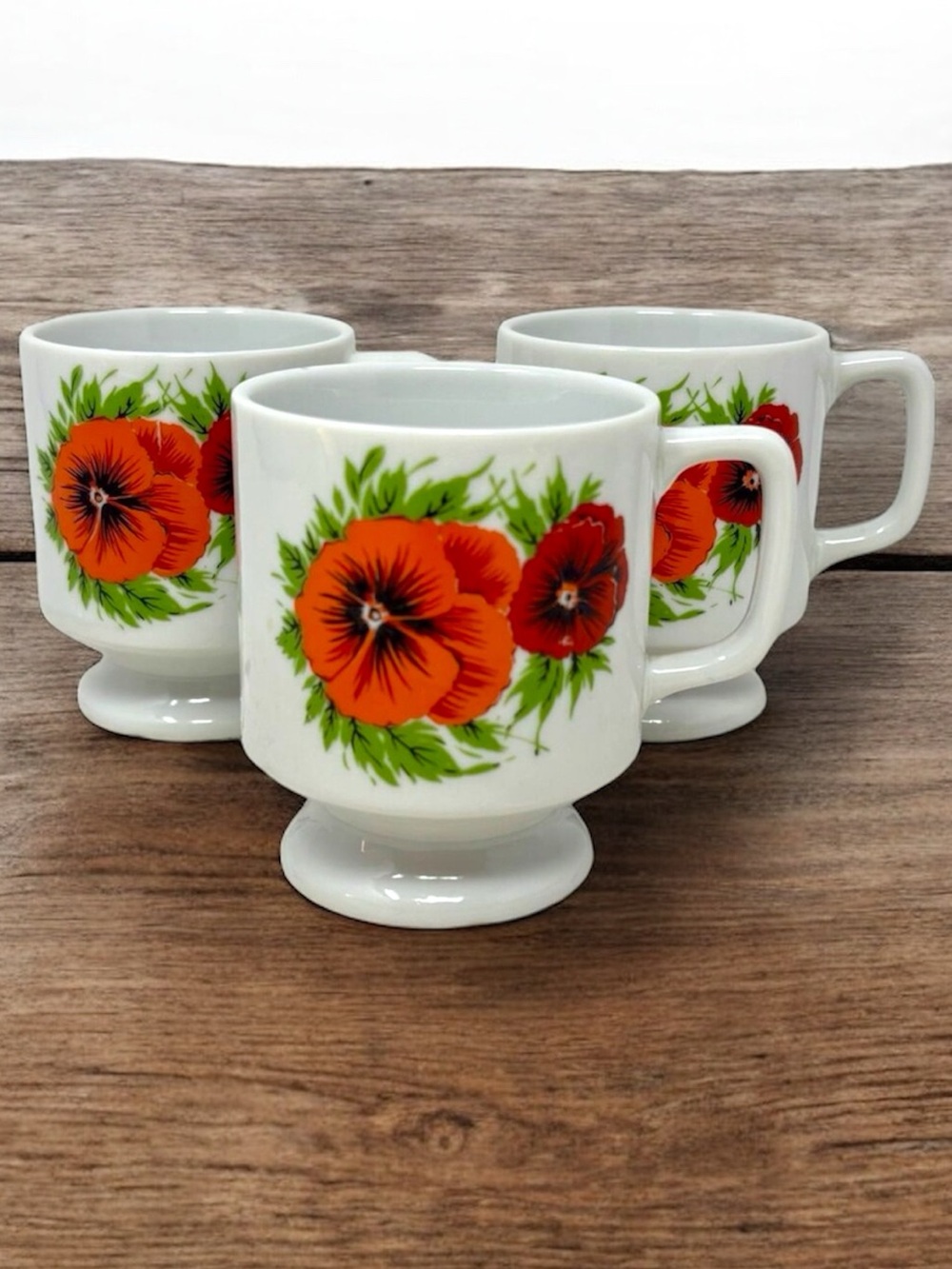 Vintage Japan Footed Coffee Tea Cups Red Orange Flowers Pansy Retro Grannycore